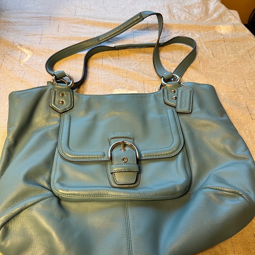 Elegant Blue Leather Coach Shoulder Bag